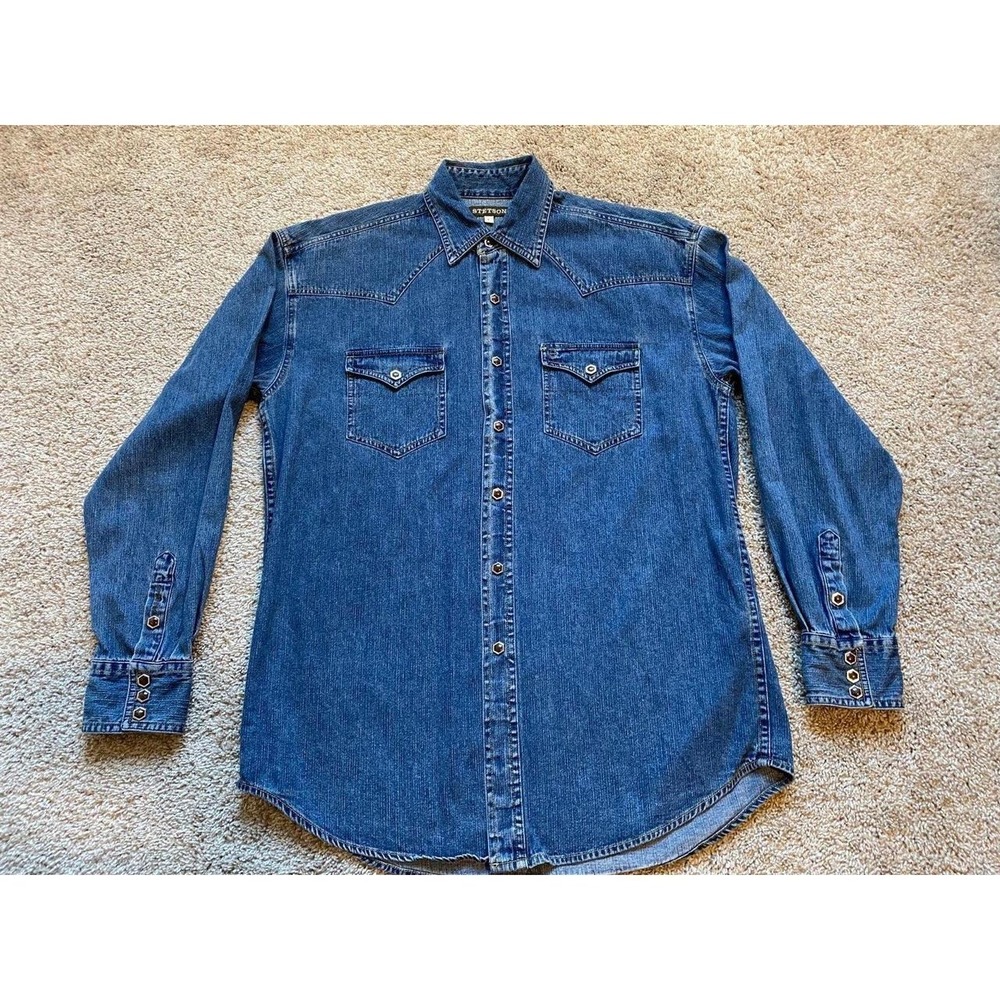 Stetson Shirt Mens Large Denim Jean Western Cowboy Ranch Octagon Snaps SKU4